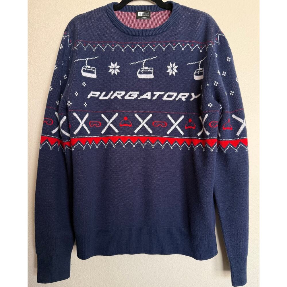 Purgatory Ski Lift Sweater Knit Navy Blue Red White Men's M Pullover Snowboard